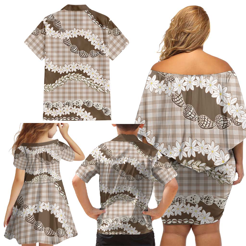 Brown Hawaii Tiare and Shell Lei Family Matching Off Shoulder Short Dress and Hawaiian Shirt Hawaiian Palaka Luxury Vibes - Polynesian Pride