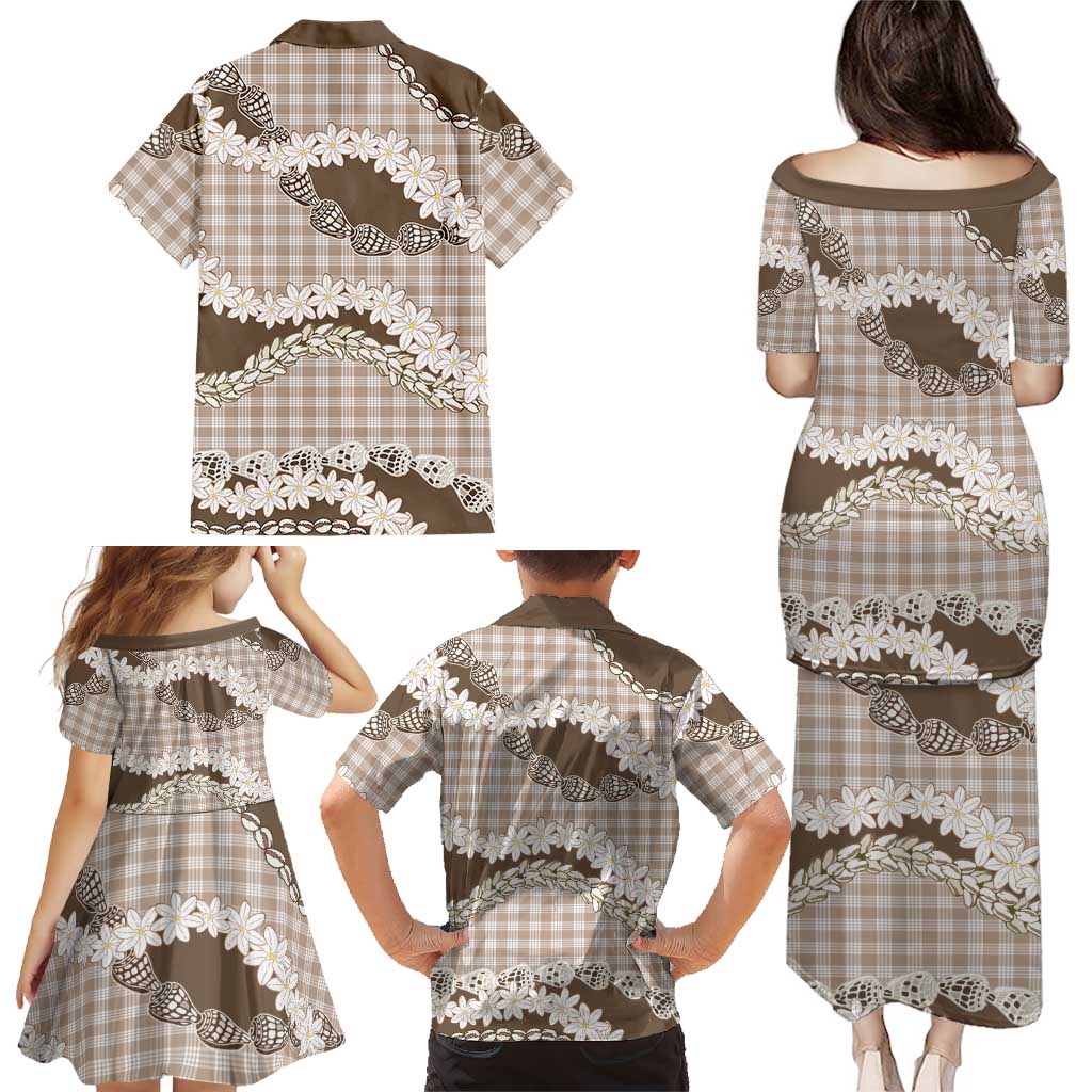 Brown Hawaii Tiare and Shell Lei Family Matching Puletasi and Hawaiian Shirt Hawaiian Palaka Luxury Vibes - Polynesian Pride