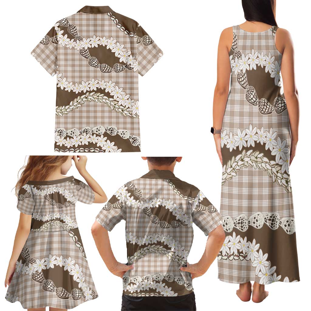 Brown Hawaii Tiare and Shell Lei Family Matching Tank Maxi Dress and Hawaiian Shirt Hawaiian Palaka Luxury Vibes - Polynesian Pride
