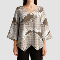 Brown Hawaii Tiare and Shell Lei Kimono Sleeve Blouse Hawaiian Palaka Luxury Vibes - Polynesian Pride
