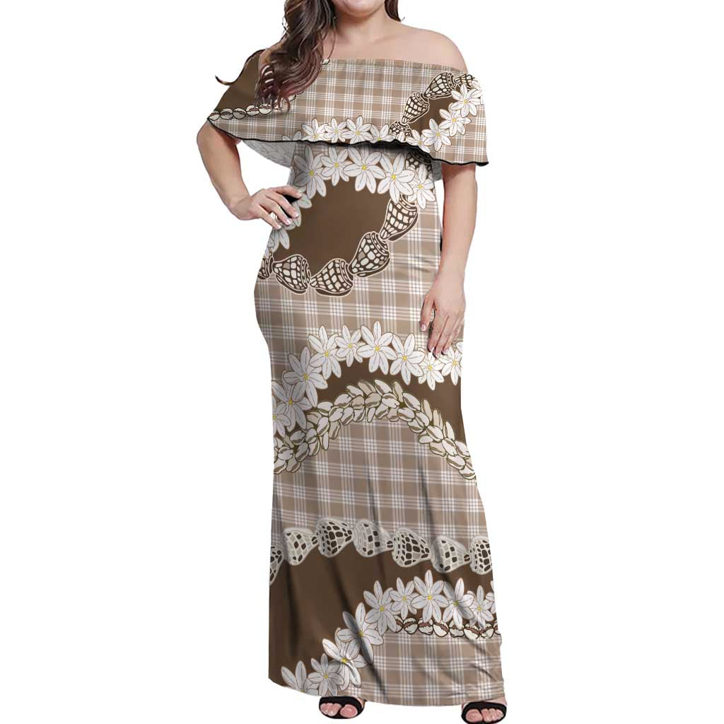Brown Hawaii Tiare and Shell Lei Off Shoulder Maxi Dress Hawaiian Palaka Luxury Vibes LT14 Women Brown - Polynesian Pride