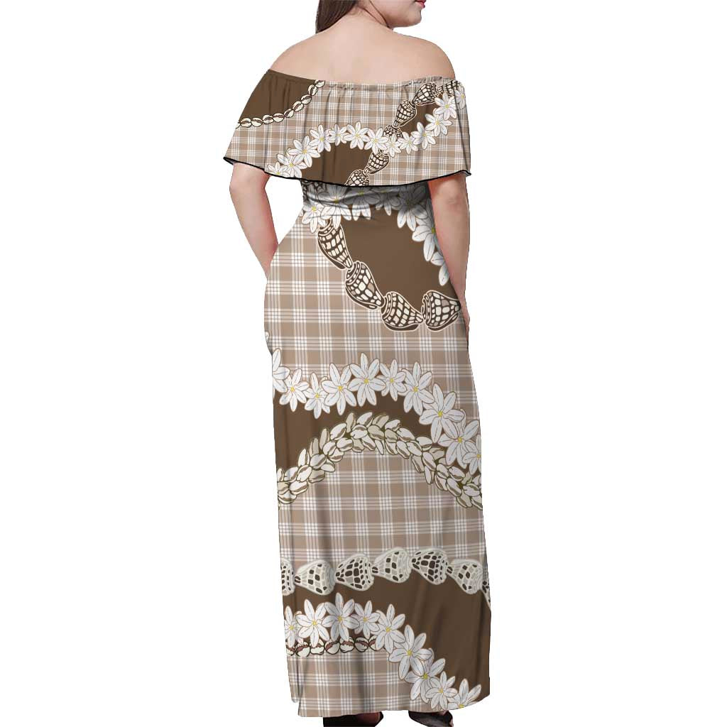 Brown Hawaii Tiare and Shell Lei Off Shoulder Maxi Dress Hawaiian Palaka Luxury Vibes LT14 - Polynesian Pride