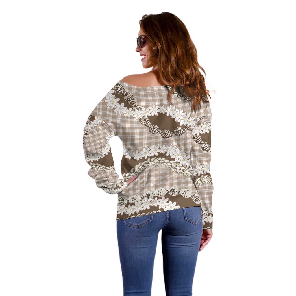 Brown Hawaii Tiare and Shell Lei Off Shoulder Sweater Hawaiian Palaka Luxury Vibes - Polynesian Pride