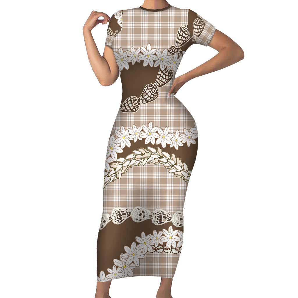 Brown Hawaii Tiare and Shell Lei Short Sleeve Bodycon Dress Hawaiian Palaka Luxury Vibes LT14 Long Dress Brown - Polynesian Pride