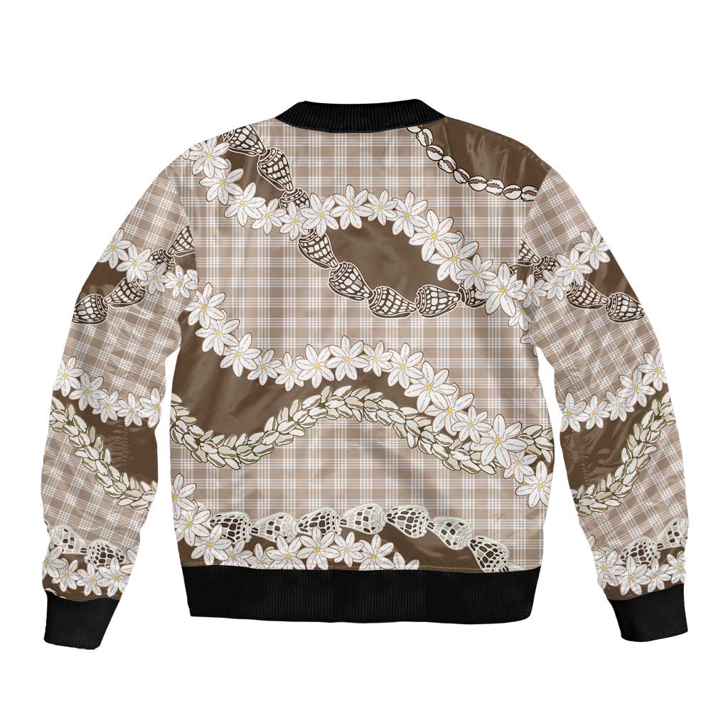 Brown Hawaii Tiare and Shell Lei Sleeve Zip Bomber Jacket Hawaiian Palaka Luxury Vibes - Polynesian Pride