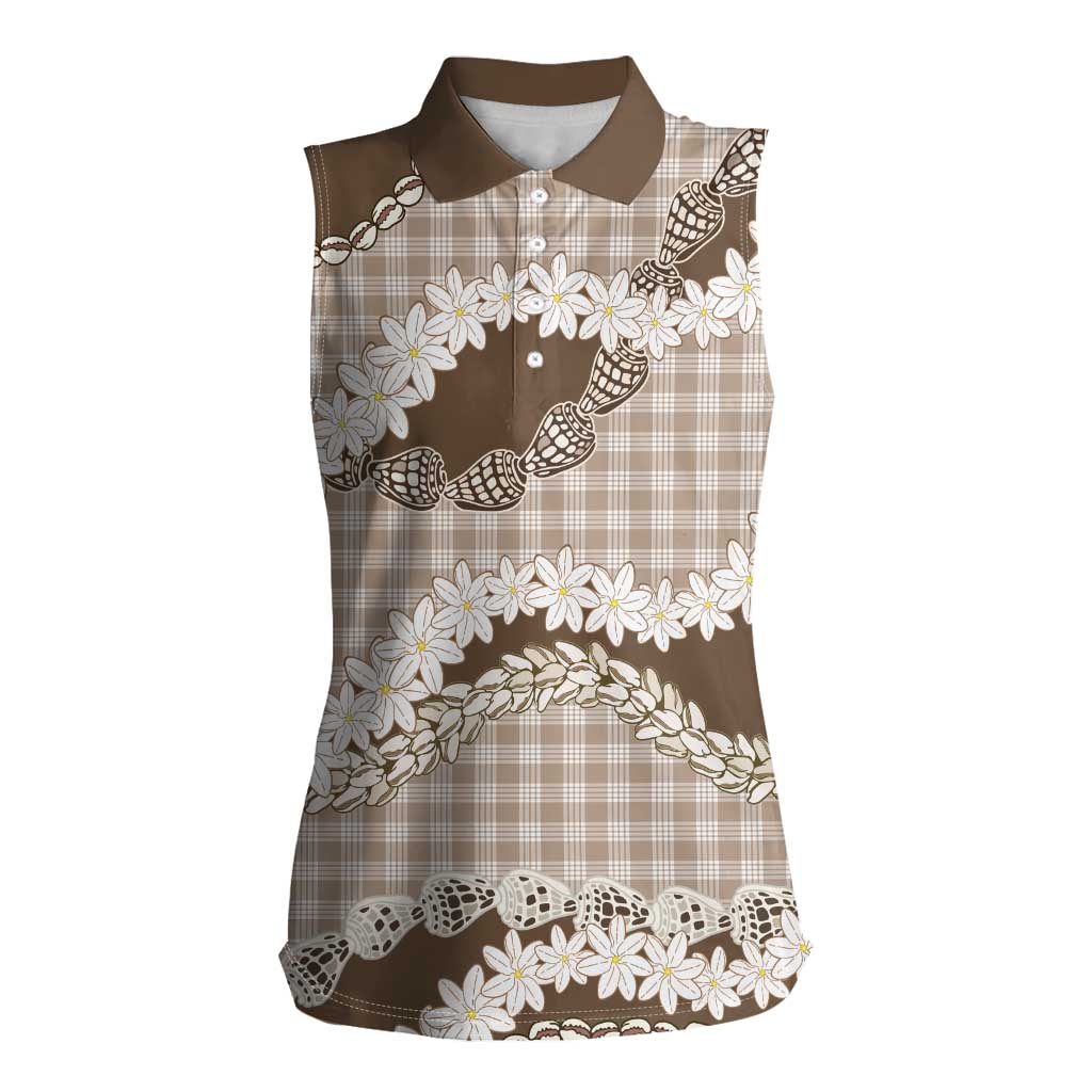 Brown Hawaii Tiare and Shell Lei Women Sleeveless Polo Shirt Hawaiian Palaka Luxury Vibes LT14 Female Brown - Polynesian Pride