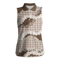 Brown Hawaii Tiare and Shell Lei Women Sleeveless Polo Shirt Hawaiian Palaka Luxury Vibes LT14 Female Brown - Polynesian Pride