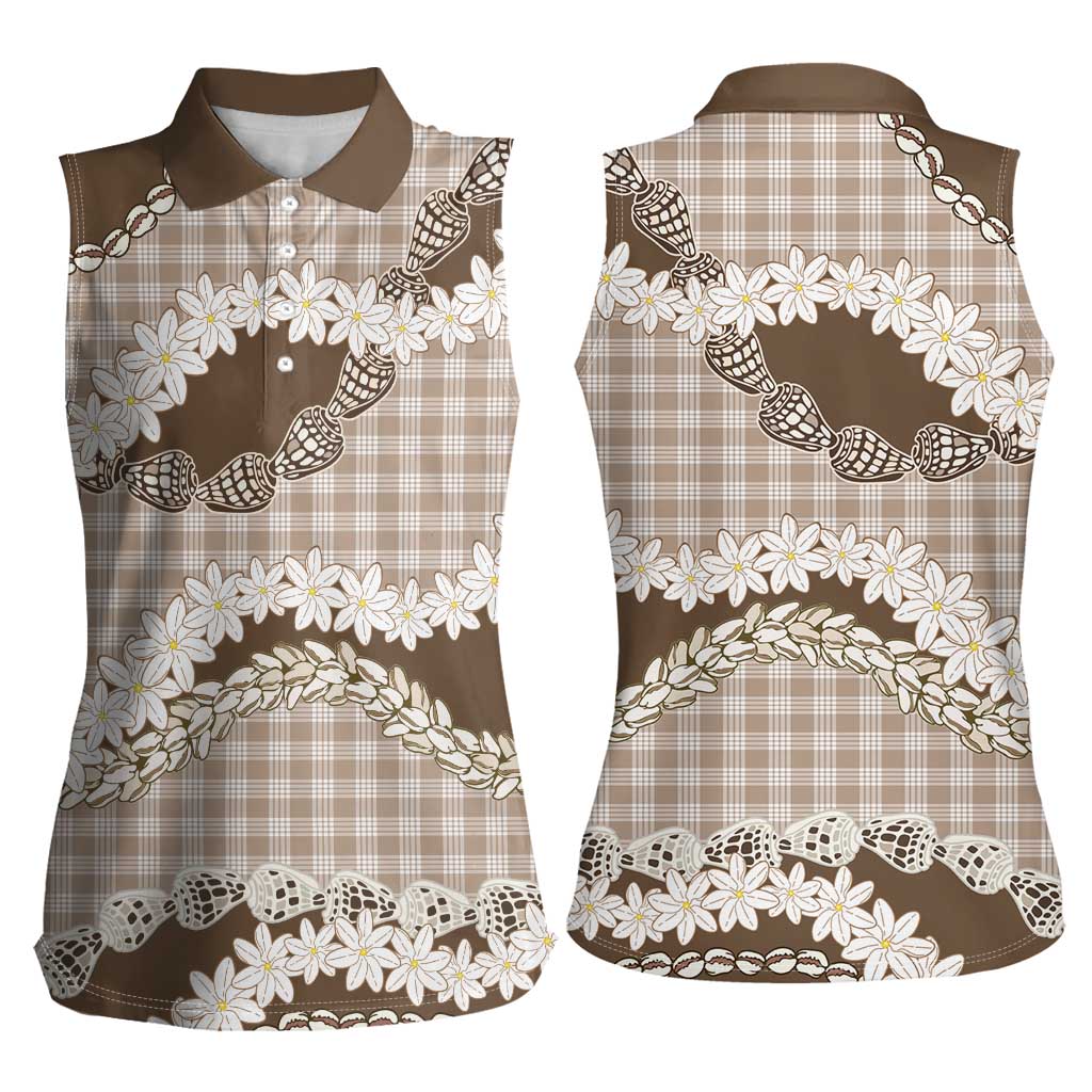 Brown Hawaii Tiare and Shell Lei Women Sleeveless Polo Shirt Hawaiian Palaka Luxury Vibes LT14 - Polynesian Pride
