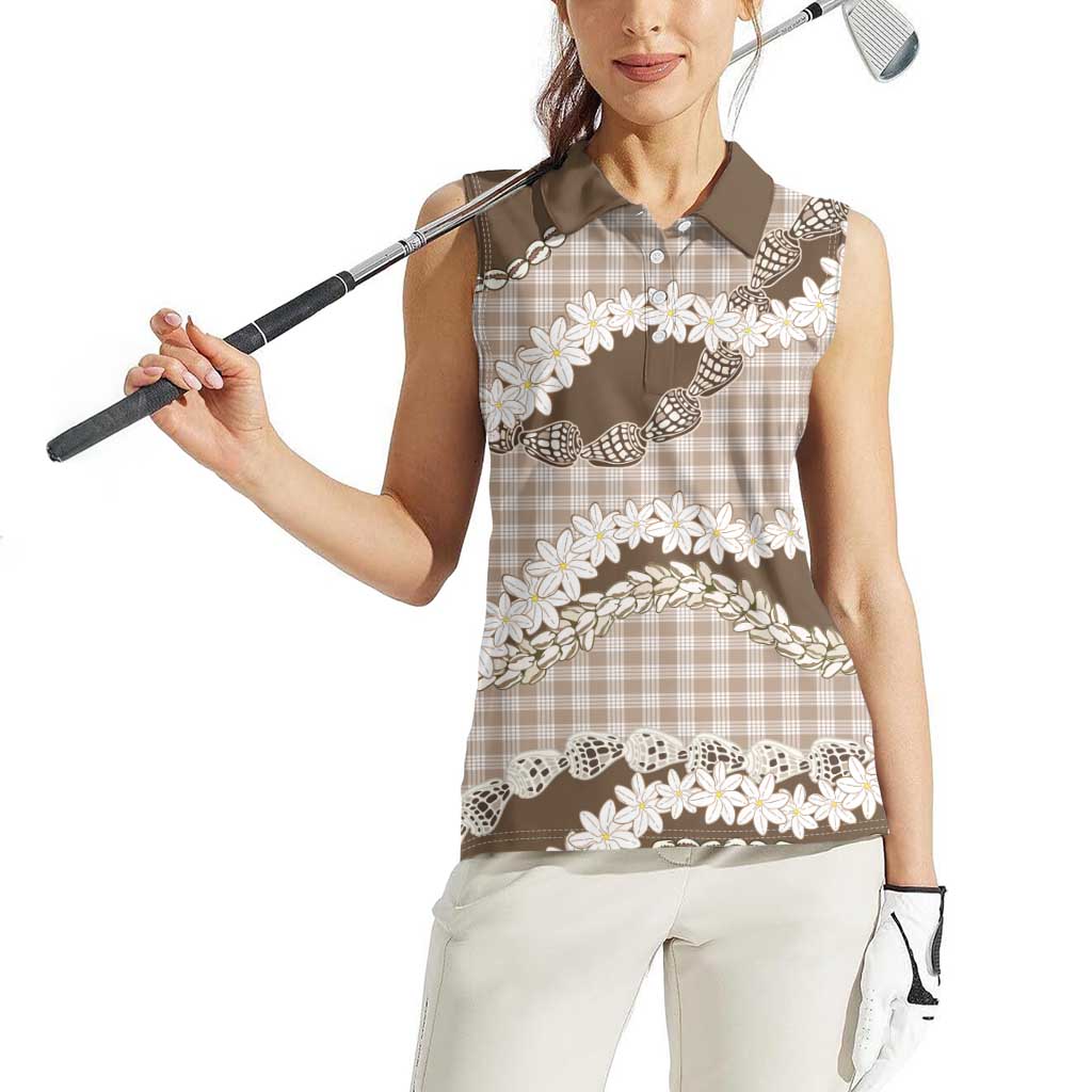 Brown Hawaii Tiare and Shell Lei Women Sleeveless Polo Shirt Hawaiian Palaka Luxury Vibes LT14 - Polynesian Pride