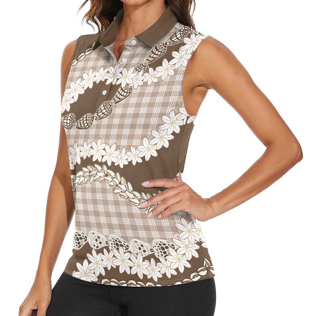 Brown Hawaii Tiare and Shell Lei Women Sleeveless Polo Shirt Hawaiian Palaka Luxury Vibes LT14 - Polynesian Pride