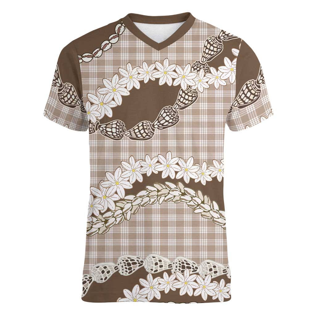 Brown Hawaii Tiare and Shell Lei Women V-Neck T-Shirt Hawaiian Palaka Luxury Vibes LT14 Female Brown - Polynesian Pride
