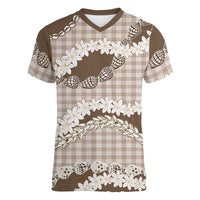 Brown Hawaii Tiare and Shell Lei Women V-Neck T-Shirt Hawaiian Palaka Luxury Vibes LT14 Female Brown - Polynesian Pride