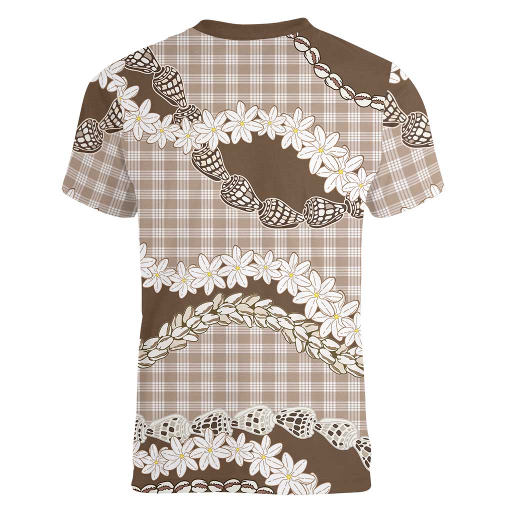 Brown Hawaii Tiare and Shell Lei Women V-Neck T-Shirt Hawaiian Palaka Luxury Vibes LT14 - Polynesian Pride