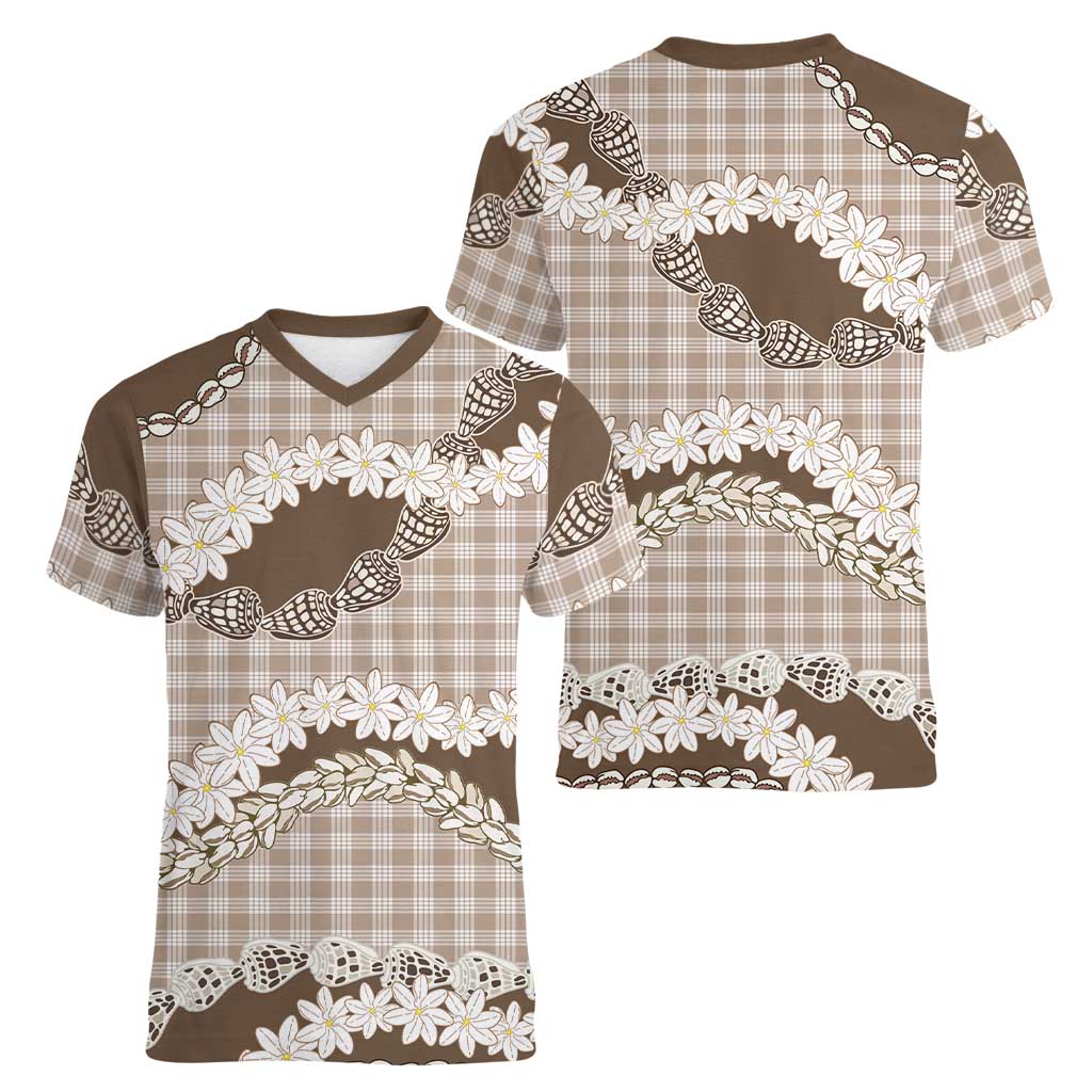 Brown Hawaii Tiare and Shell Lei Women V-Neck T-Shirt Hawaiian Palaka Luxury Vibes LT14 - Polynesian Pride