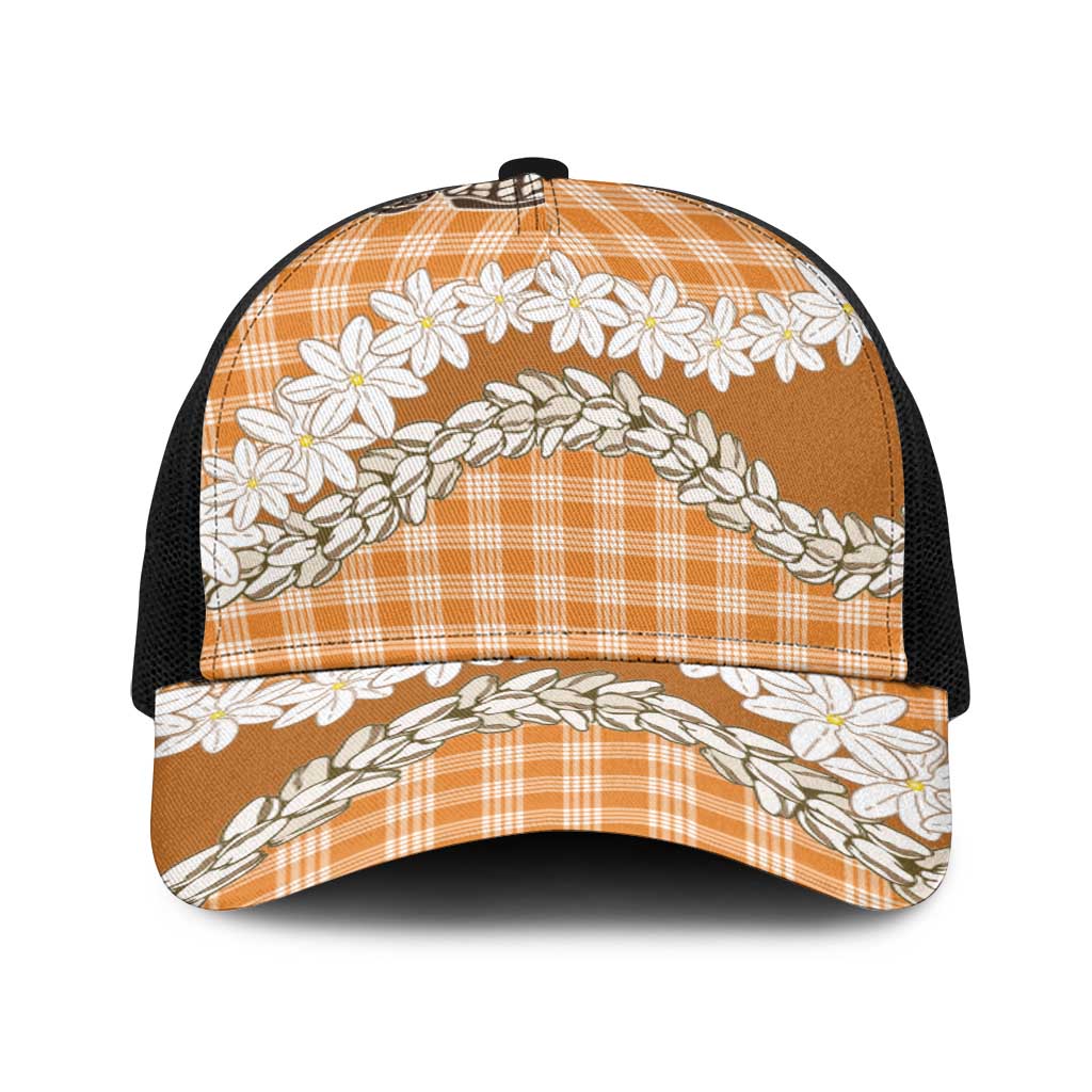 Orange Hawaii Tiare and Shell Lei Baseball Net Cap Hawaiian Palaka Luxury Vibes - Polynesian Pride
