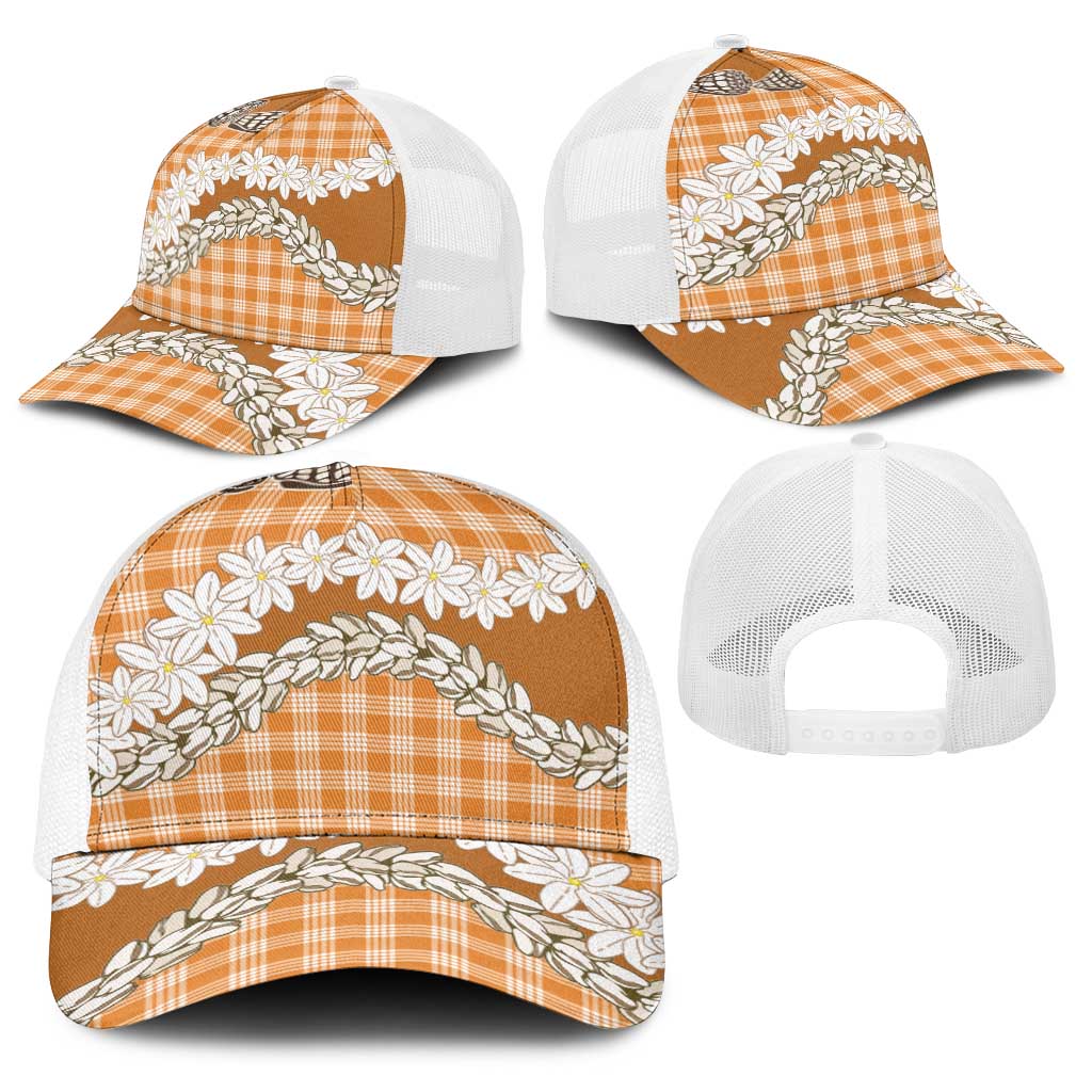 Orange Hawaii Tiare and Shell Lei Baseball Net Cap Hawaiian Palaka Luxury Vibes LT14 - Polynesian Pride