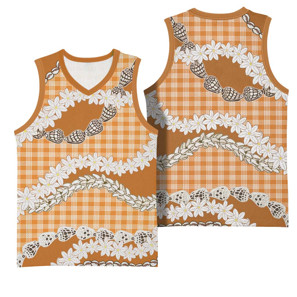 Orange Hawaii Tiare and Shell Lei Basketball Jersey Hawaiian Palaka Luxury Vibes - Polynesian Pride