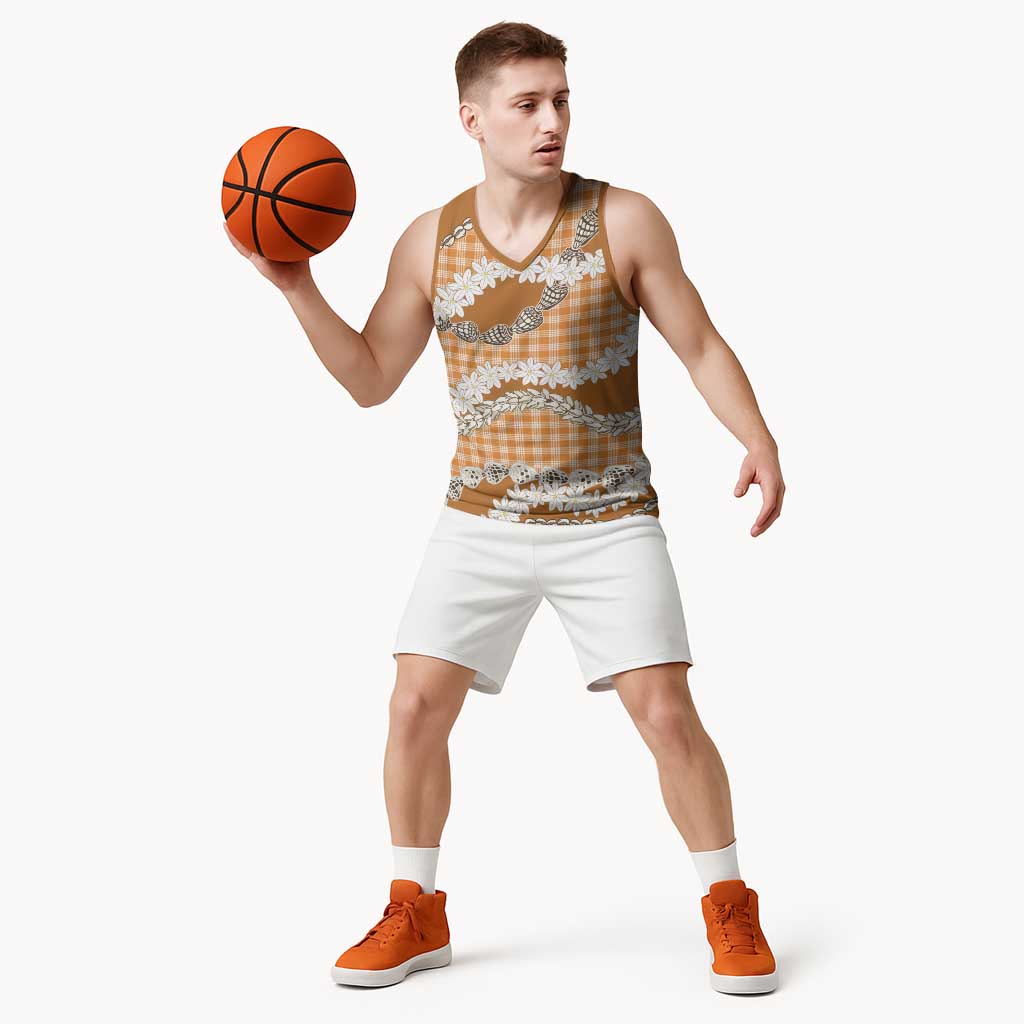Orange Hawaii Tiare and Shell Lei Basketball Jersey Hawaiian Palaka Luxury Vibes - Polynesian Pride