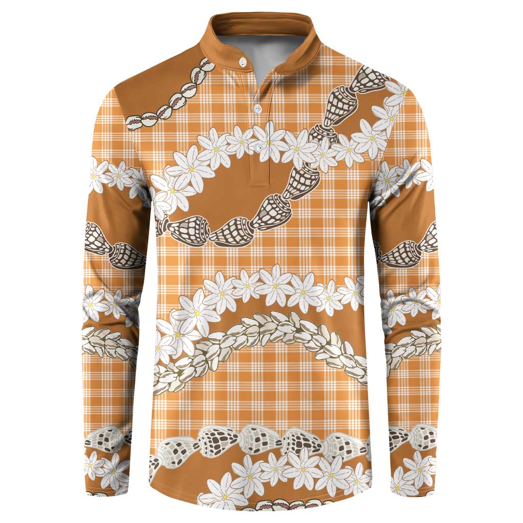 Orange Hawaii Tiare and Shell Lei Button Sweatshirt Hawaiian Palaka Luxury Vibes - Polynesian Pride