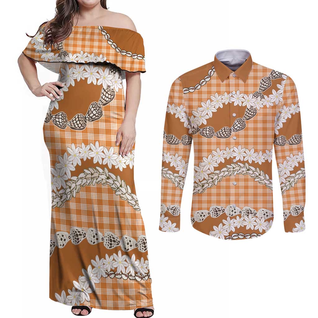 Orange Hawaii Tiare and Shell Lei Couples Matching Off Shoulder Maxi Dress and Long Sleeve Button Shirt Hawaiian Palaka Luxury Vibes LT14 Orange - Polynesian Pride