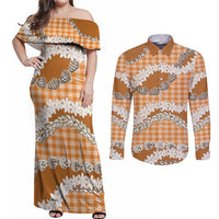 Orange Hawaii Tiare and Shell Lei Couples Matching Off Shoulder Maxi Dress and Long Sleeve Button Shirt Hawaiian Palaka Luxury Vibes LT14 Orange - Polynesian Pride