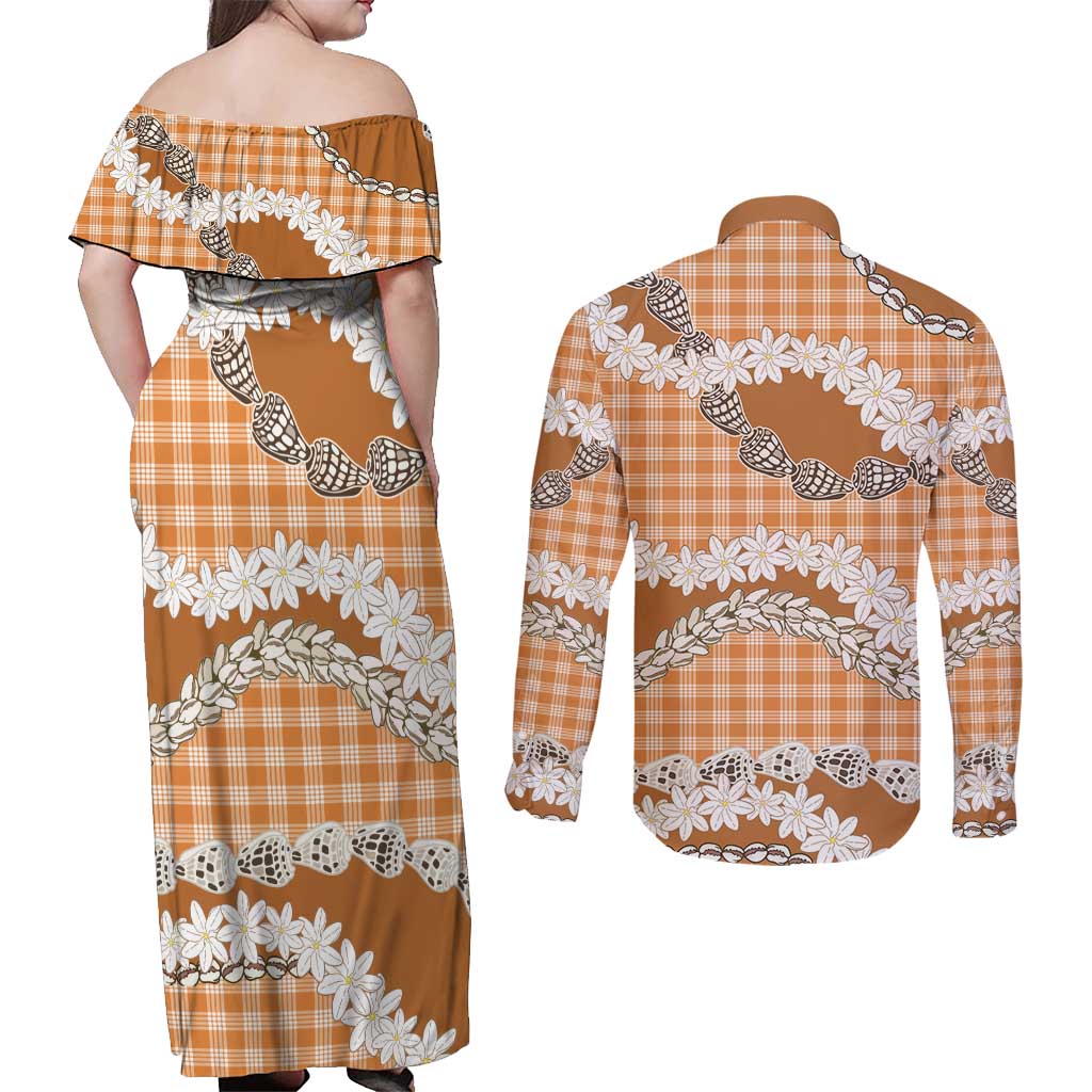 Orange Hawaii Tiare and Shell Lei Couples Matching Off Shoulder Maxi Dress and Long Sleeve Button Shirt Hawaiian Palaka Luxury Vibes LT14 - Polynesian Pride
