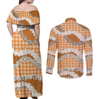Orange Hawaii Tiare and Shell Lei Couples Matching Off Shoulder Maxi Dress and Long Sleeve Button Shirt Hawaiian Palaka Luxury Vibes LT14 - Polynesian Pride
