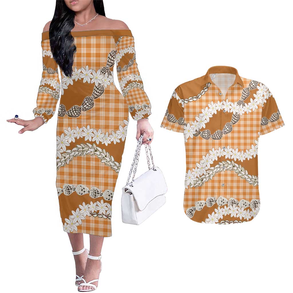 Orange Hawaii Tiare and Shell Lei Couples Matching Off The Shoulder Long Sleeve Dress and Hawaiian Shirt Hawaiian Palaka Luxury Vibes - Polynesian Pride