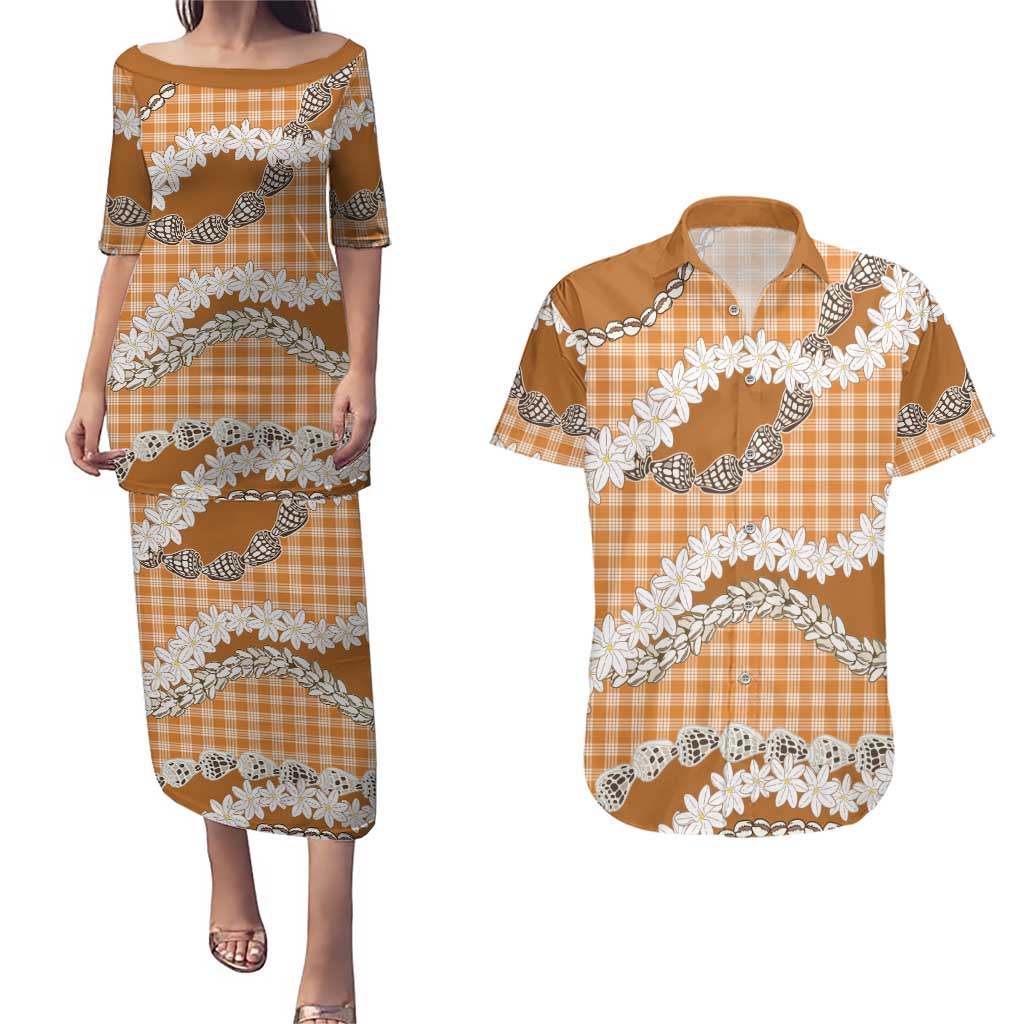 Orange Hawaii Tiare and Shell Lei Couples Matching Puletasi and Hawaiian Shirt Hawaiian Palaka Luxury Vibes LT14 Orange - Polynesian Pride