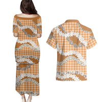 Orange Hawaii Tiare and Shell Lei Couples Matching Puletasi and Hawaiian Shirt Hawaiian Palaka Luxury Vibes LT14 - Polynesian Pride