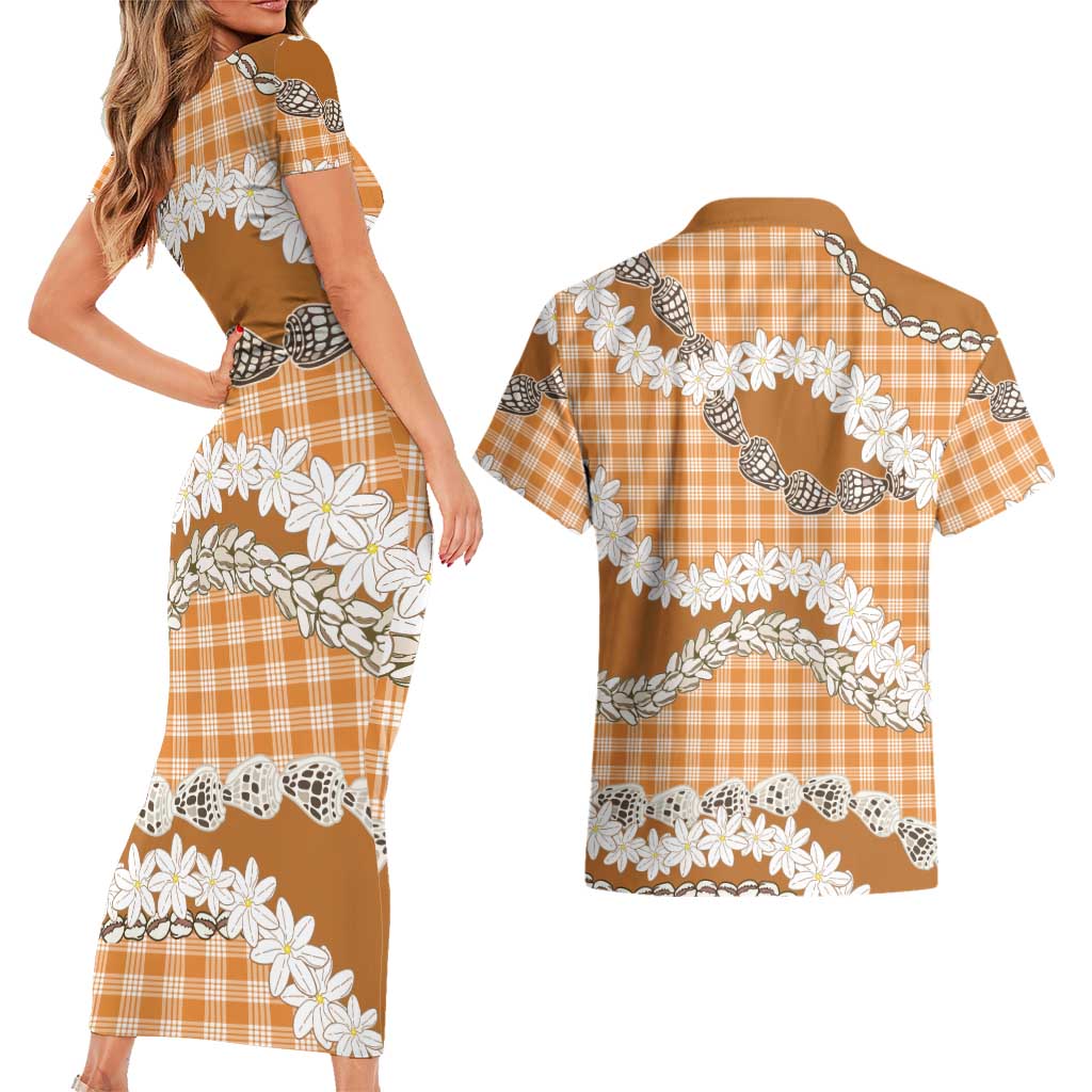 Orange Hawaii Tiare and Shell Lei Couples Matching Short Sleeve Bodycon Dress and Hawaiian Shirt Hawaiian Palaka Luxury Vibes - Polynesian Pride