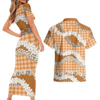 Orange Hawaii Tiare and Shell Lei Couples Matching Short Sleeve Bodycon Dress and Hawaiian Shirt Hawaiian Palaka Luxury Vibes - Polynesian Pride