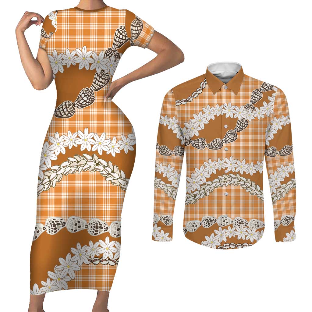 Orange Hawaii Tiare and Shell Lei Couples Matching Short Sleeve Bodycon Dress and Long Sleeve Button Shirt Hawaiian Palaka Luxury Vibes LT14 Orange - Polynesian Pride
