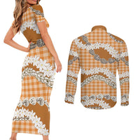 Orange Hawaii Tiare and Shell Lei Couples Matching Short Sleeve Bodycon Dress and Long Sleeve Button Shirt Hawaiian Palaka Luxury Vibes LT14 - Polynesian Pride