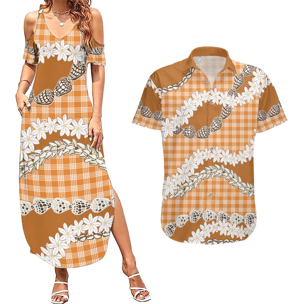 Orange Hawaii Tiare and Shell Lei Couples Matching Summer Maxi Dress and Hawaiian Shirt Hawaiian Palaka Luxury Vibes - Polynesian Pride