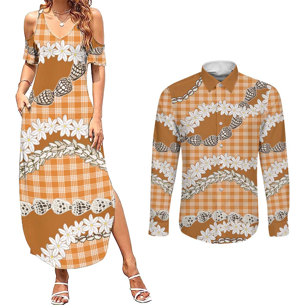 Orange Hawaii Tiare and Shell Lei Couples Matching Summer Maxi Dress and Long Sleeve Button Shirt Hawaiian Palaka Luxury Vibes LT14 Orange - Polynesian Pride