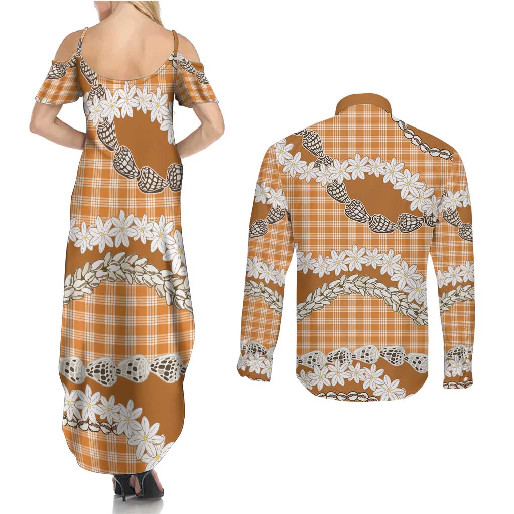 Orange Hawaii Tiare and Shell Lei Couples Matching Summer Maxi Dress and Long Sleeve Button Shirt Hawaiian Palaka Luxury Vibes LT14 - Polynesian Pride