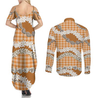 Orange Hawaii Tiare and Shell Lei Couples Matching Summer Maxi Dress and Long Sleeve Button Shirt Hawaiian Palaka Luxury Vibes LT14 - Polynesian Pride