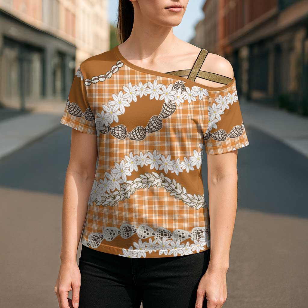 Orange Hawaii Tiare and Shell Lei Cross Shoulder Shirt Hawaiian Palaka Luxury Vibes - Polynesian Pride