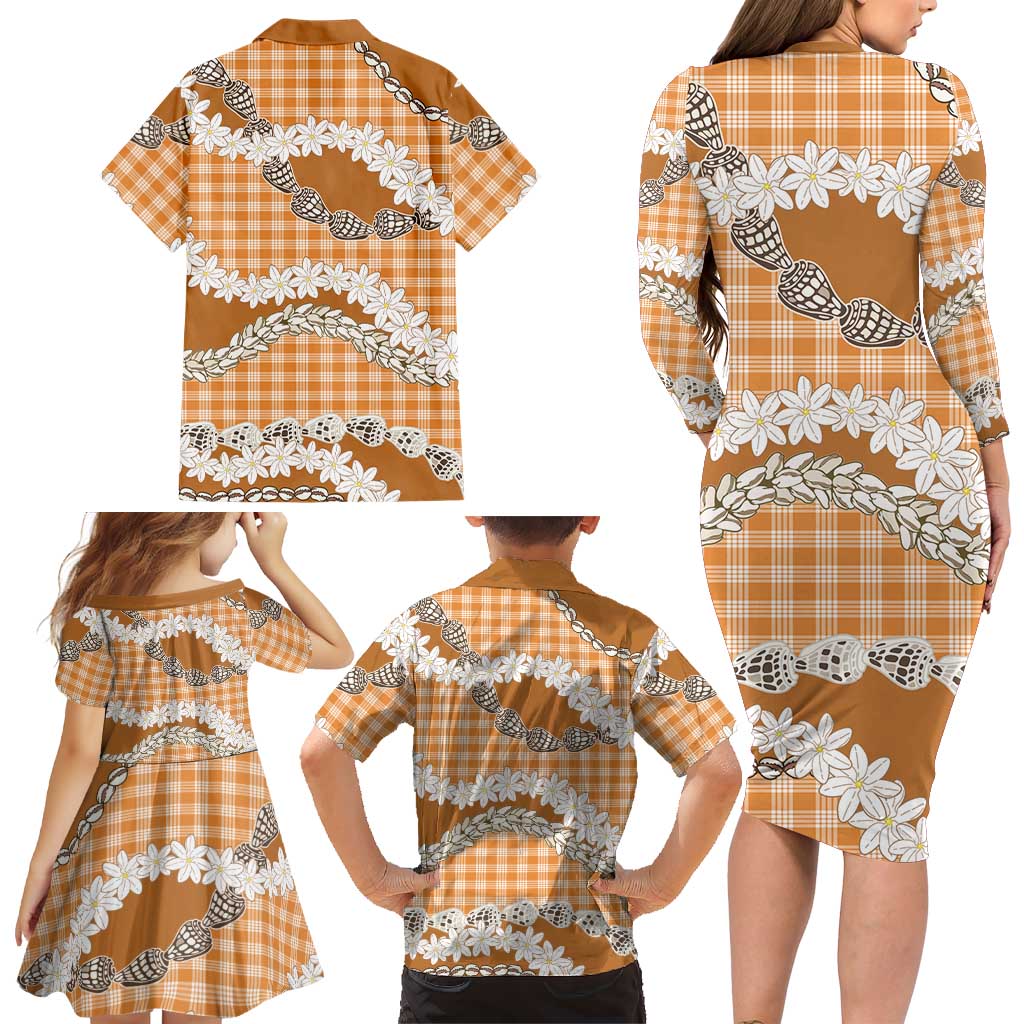 Orange Hawaii Tiare and Shell Lei Family Matching Long Sleeve Bodycon Dress and Hawaiian Shirt Hawaiian Palaka Luxury Vibes - Polynesian Pride