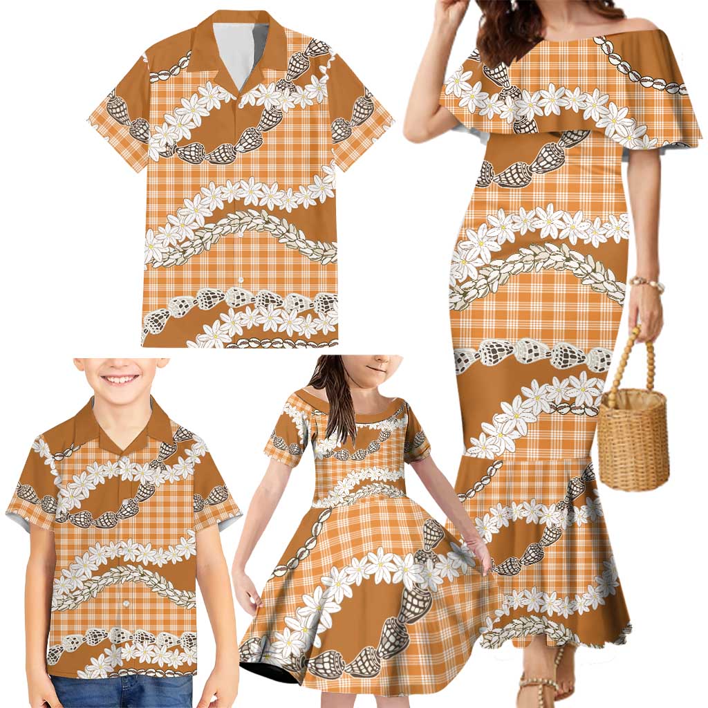 Orange Hawaii Tiare and Shell Lei Family Matching Mermaid Dress and Hawaiian Shirt Hawaiian Palaka Luxury Vibes - Polynesian Pride
