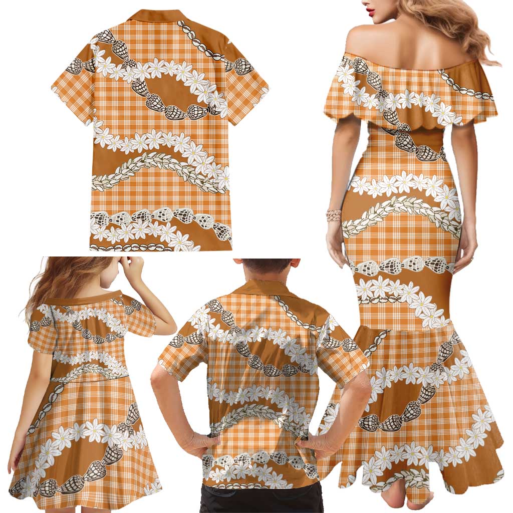 Orange Hawaii Tiare and Shell Lei Family Matching Mermaid Dress and Hawaiian Shirt Hawaiian Palaka Luxury Vibes - Polynesian Pride