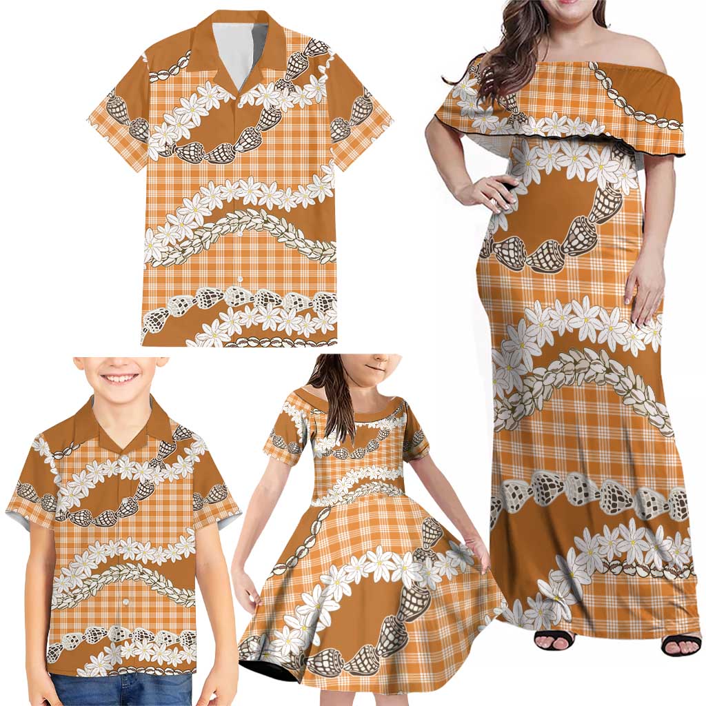 Orange Hawaii Tiare and Shell Lei Family Matching Off Shoulder Maxi Dress and Hawaiian Shirt Hawaiian Palaka Luxury Vibes - Polynesian Pride