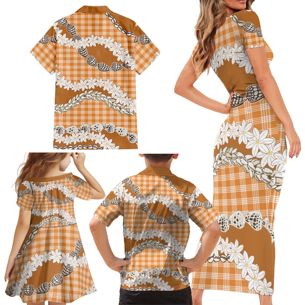 Orange Hawaii Tiare and Shell Lei Family Matching Short Sleeve Bodycon Dress and Hawaiian Shirt Hawaiian Palaka Luxury Vibes - Polynesian Pride