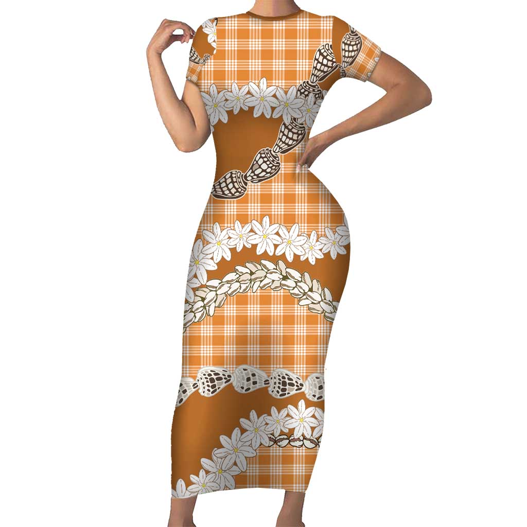 Orange Hawaii Tiare and Shell Lei Family Matching Short Sleeve Bodycon Dress and Hawaiian Shirt Hawaiian Palaka Luxury Vibes - Polynesian Pride