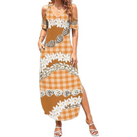 Orange Hawaii Tiare and Shell Lei Family Matching Summer Maxi Dress and Hawaiian Shirt Hawaiian Palaka Luxury Vibes - Polynesian Pride