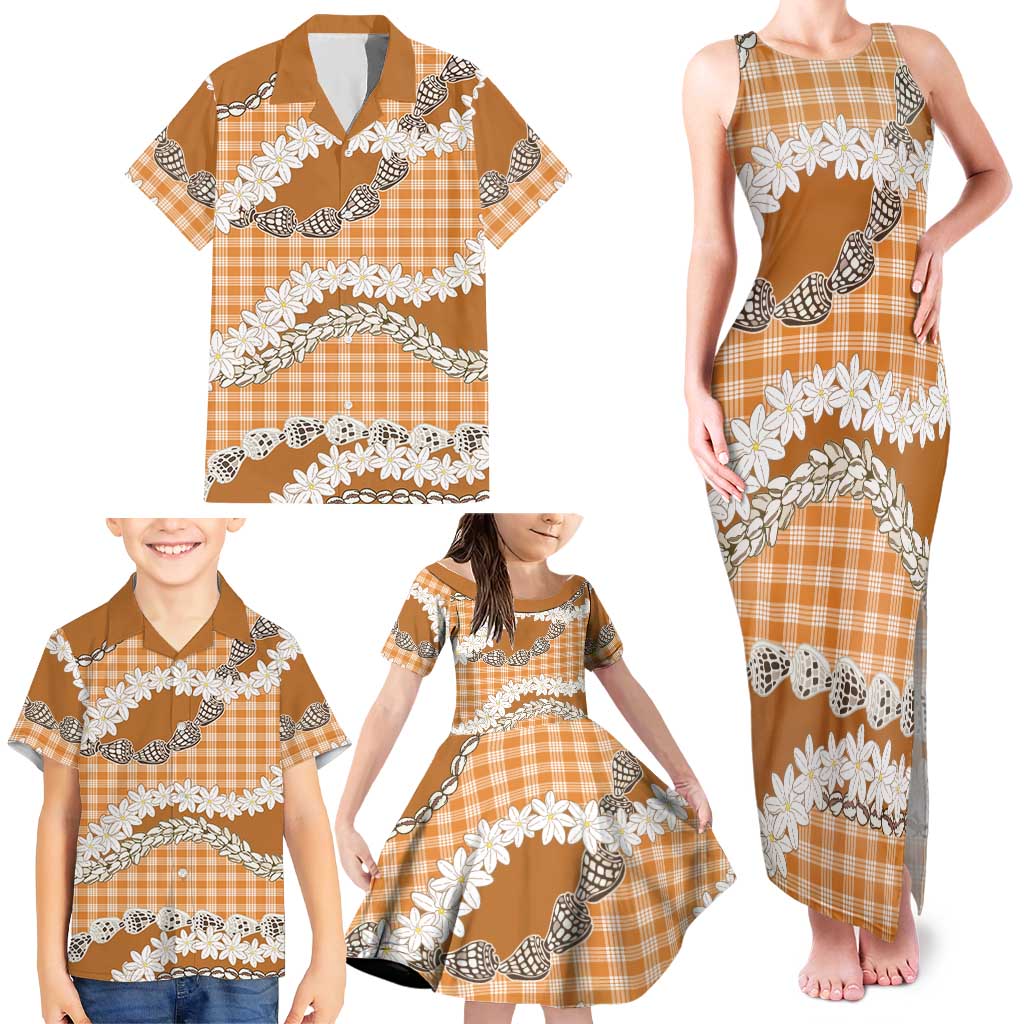Orange Hawaii Tiare and Shell Lei Family Matching Tank Maxi Dress and Hawaiian Shirt Hawaiian Palaka Luxury Vibes - Polynesian Pride