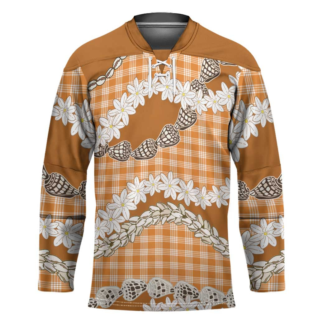 Orange Hawaii Tiare and Shell Lei Hockey Jersey Hawaiian Palaka Luxury Vibes - Polynesian Pride