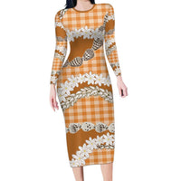 Orange Hawaii Tiare and Shell Lei Long Sleeve Bodycon Dress Hawaiian Palaka Luxury Vibes LT14 Long Dress Orange - Polynesian Pride