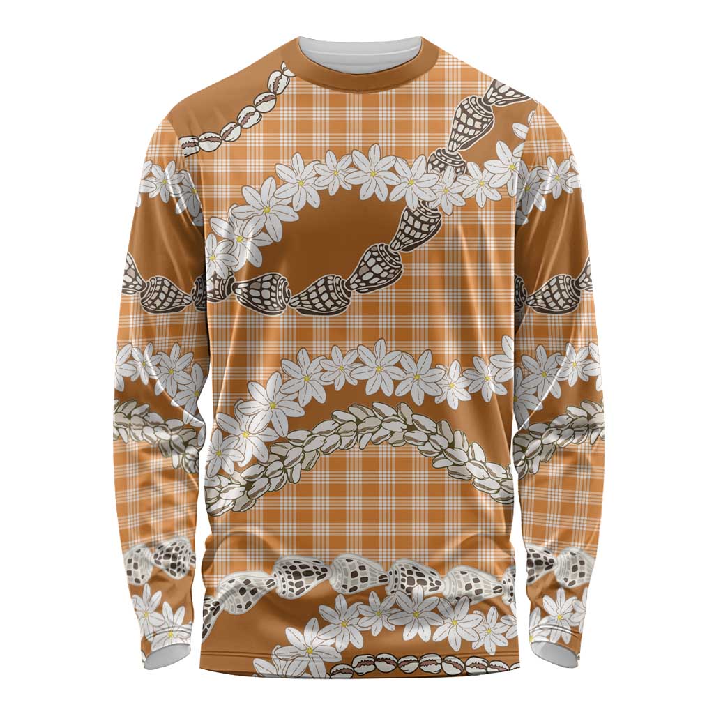 Orange Hawaii Tiare and Shell Lei Long Sleeve Shirt Hawaiian Palaka Luxury Vibes - Polynesian Pride